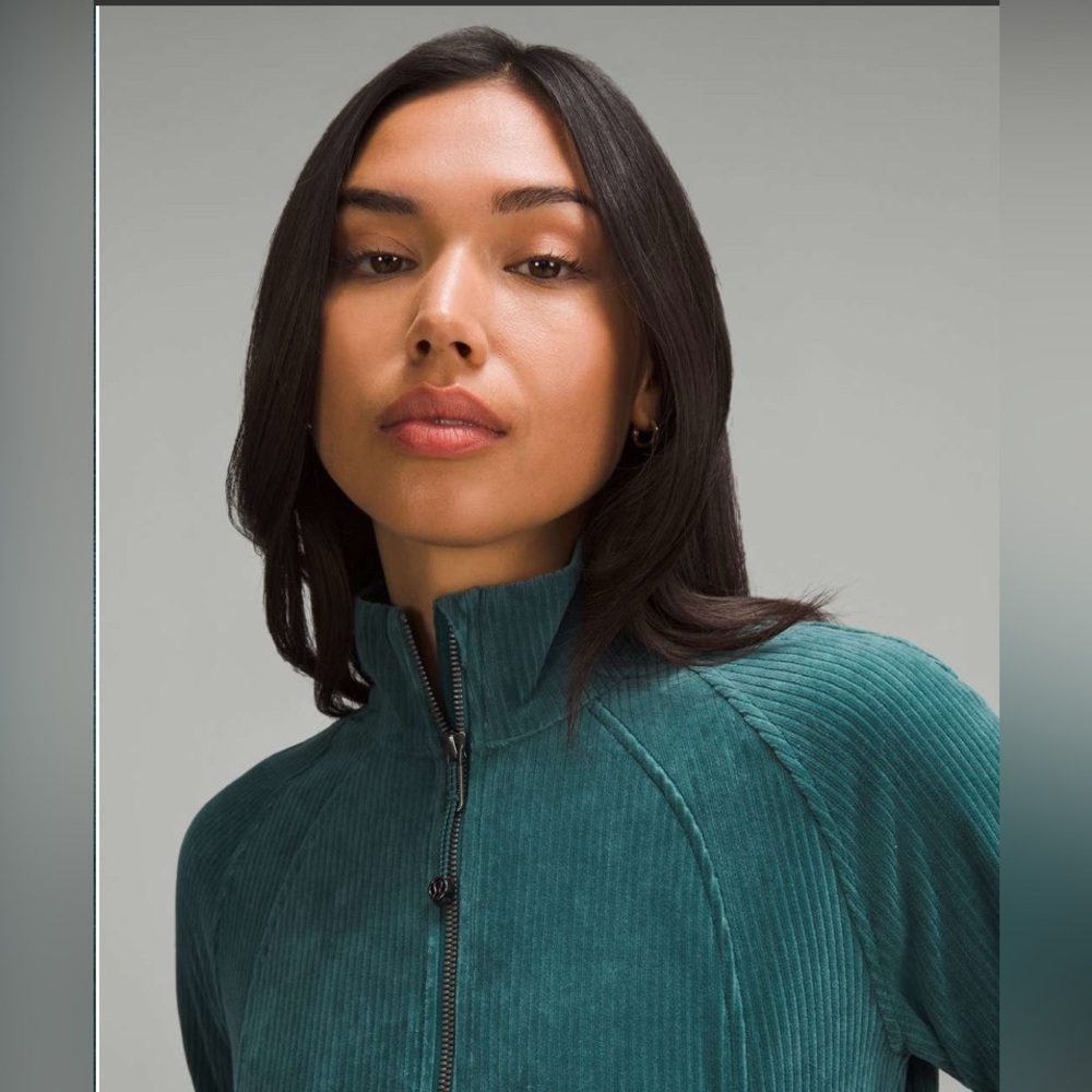 Lululemon Scuba Track Jacket Velvet Velour Cord Storm Teal Cotton Jersey sz8 - Picture 3 of 7